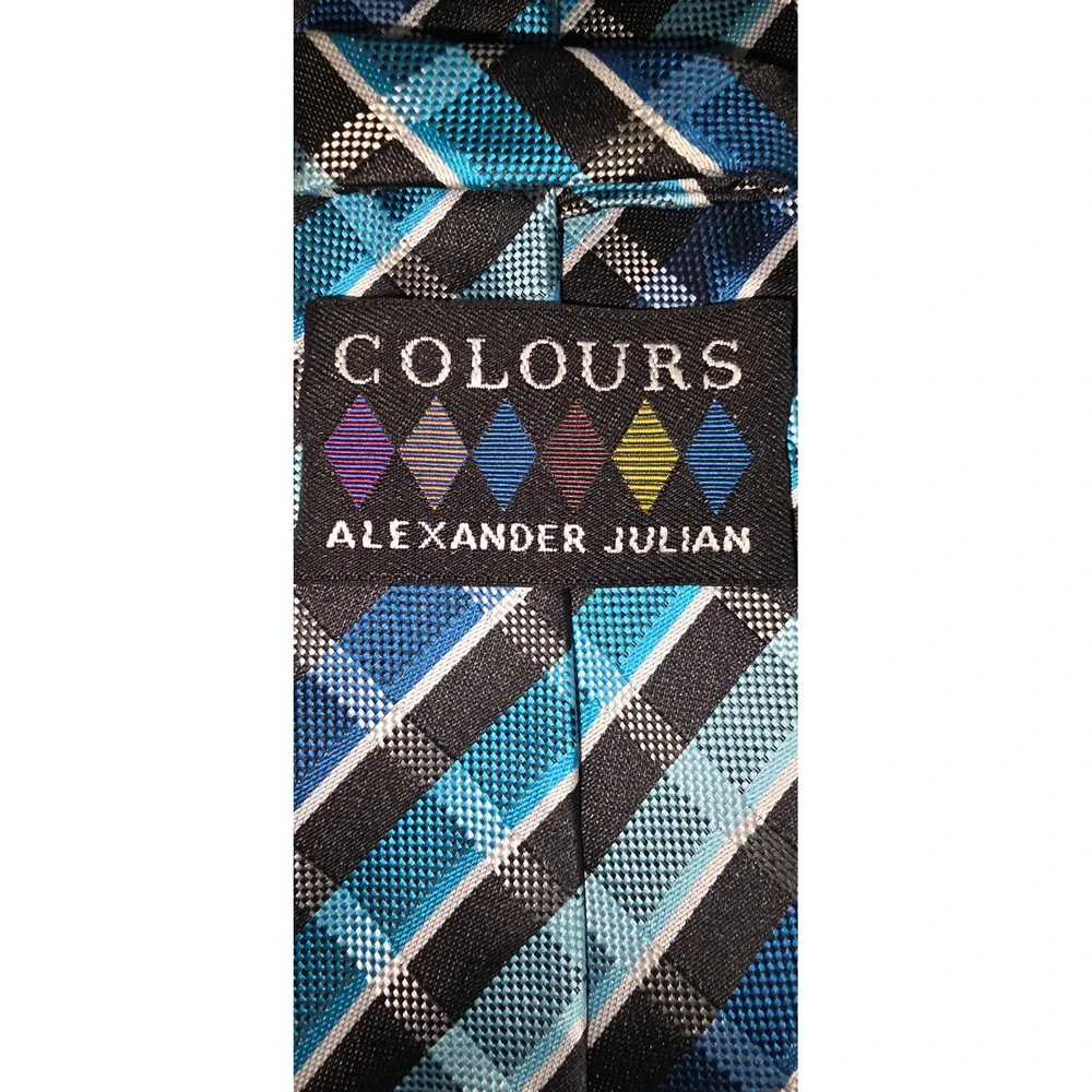 Colours Alexander Julian Mens Blue Black Plaid Diagonal Stripe Hand Made Tie